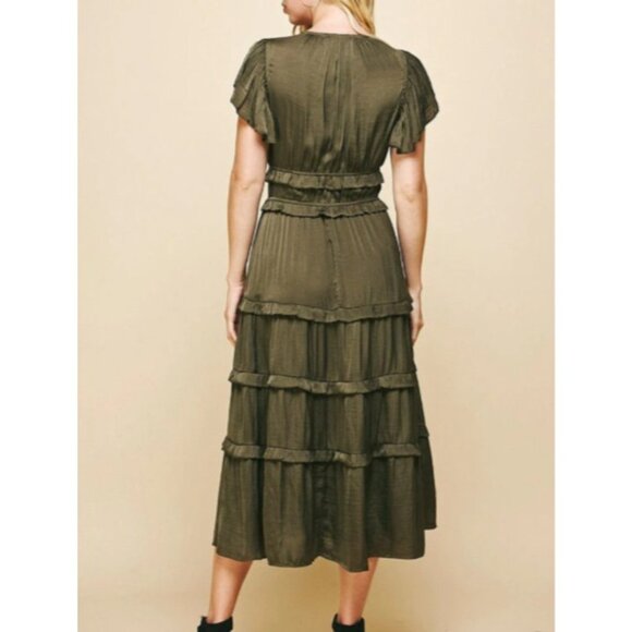 Pinch Tiered Maxi Dress L Large Olive Green Silky Short Flutter Sleeve NEW - Picture 3 of 16